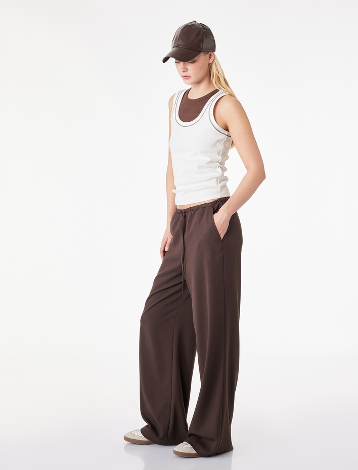  Cepli Rahat Kalıp Viskon Karışımlı Beli Bağcıklı Geniş Paça Pantolon