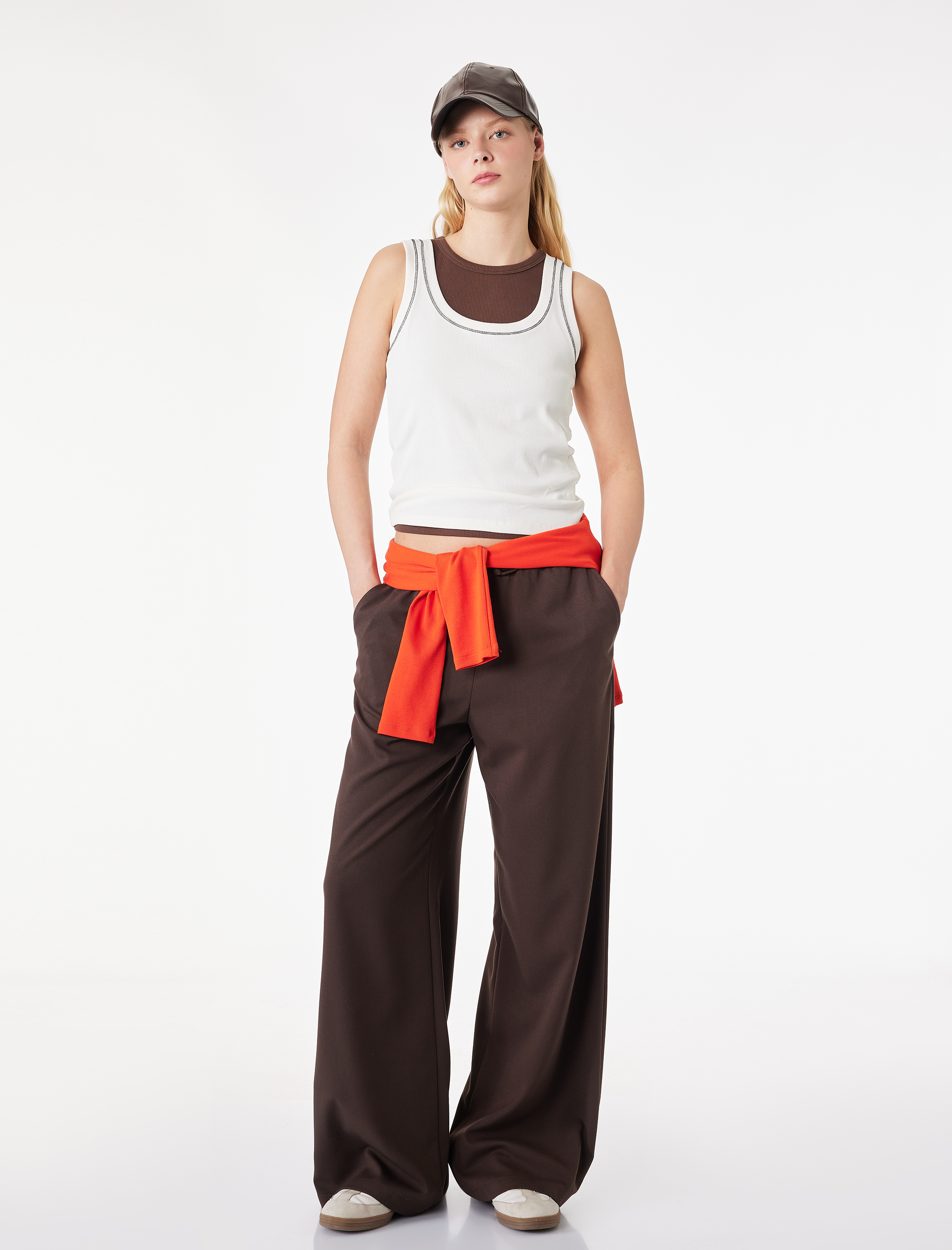   Cepli Rahat Kalıp Viskon Karışımlı Beli Bağcıklı Geniş Paça Pantolon