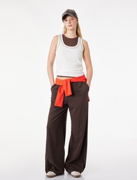 Cepli Rahat Kalıp Viskon Karışımlı Beli Bağcıklı Geniş Paça Pantolon