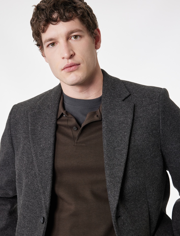  Uzun Kollu Cepli Mono Yaka Kaşe Blazer Ceket