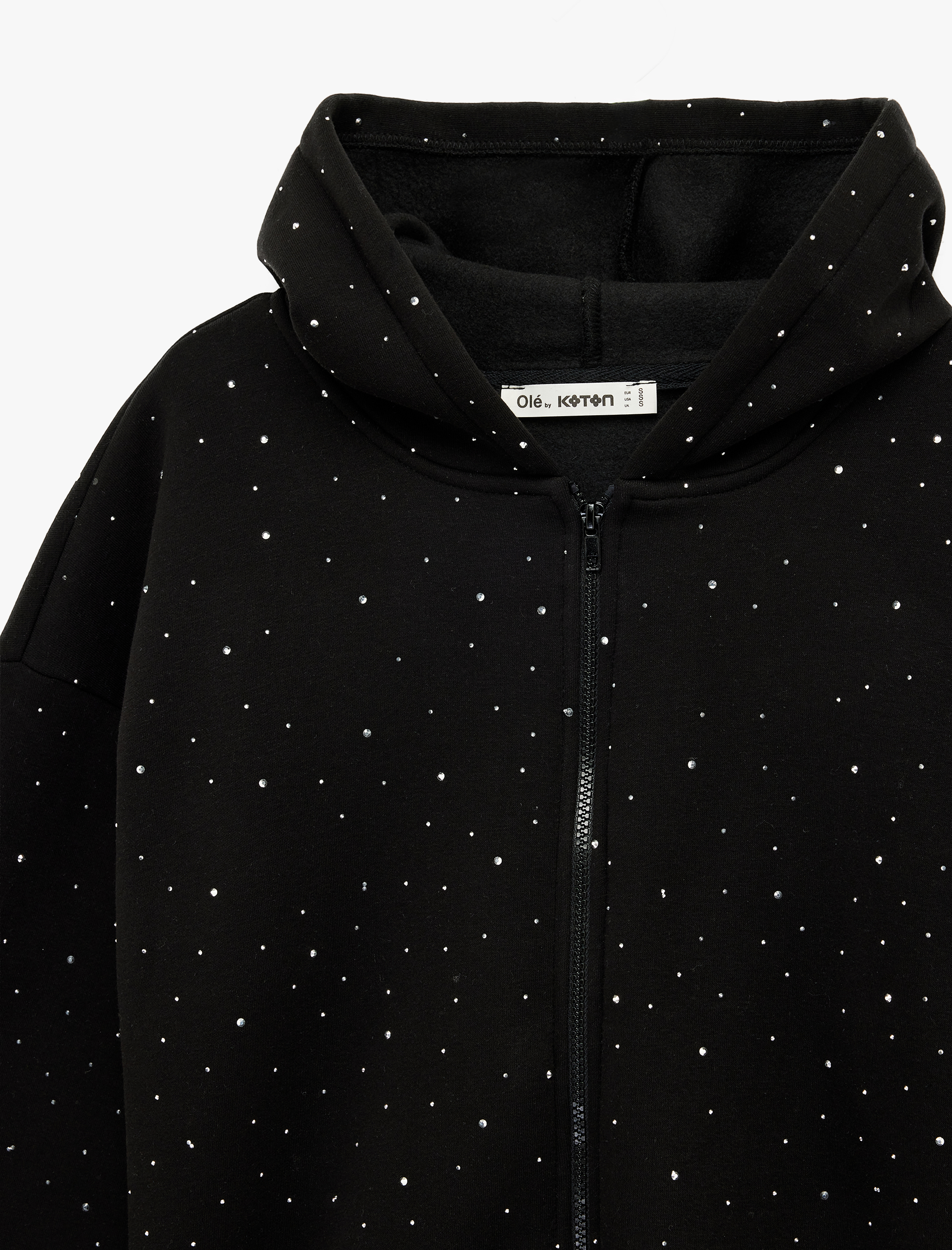   Taş Detaylı Şardonlu Uzun Kollu Kapüşonlu Fermuarlı Sweatshirt