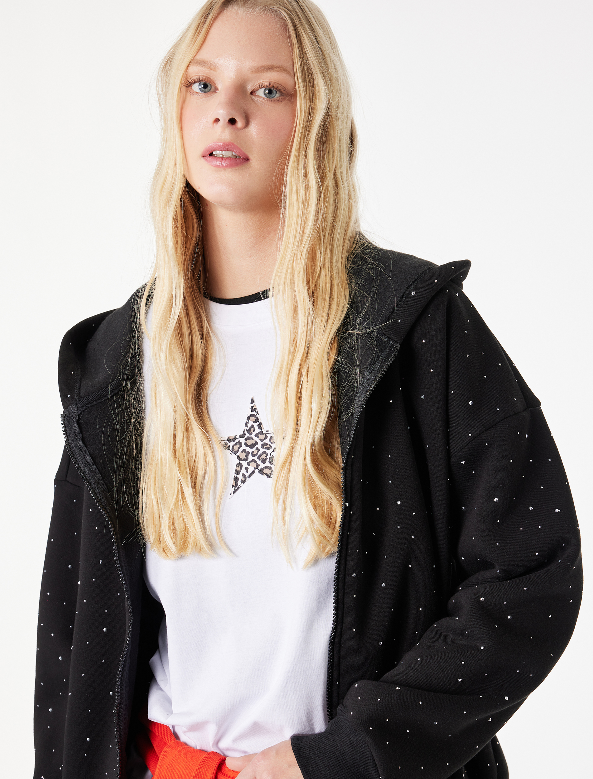   Taş Detaylı Şardonlu Uzun Kollu Kapüşonlu Fermuarlı Sweatshirt