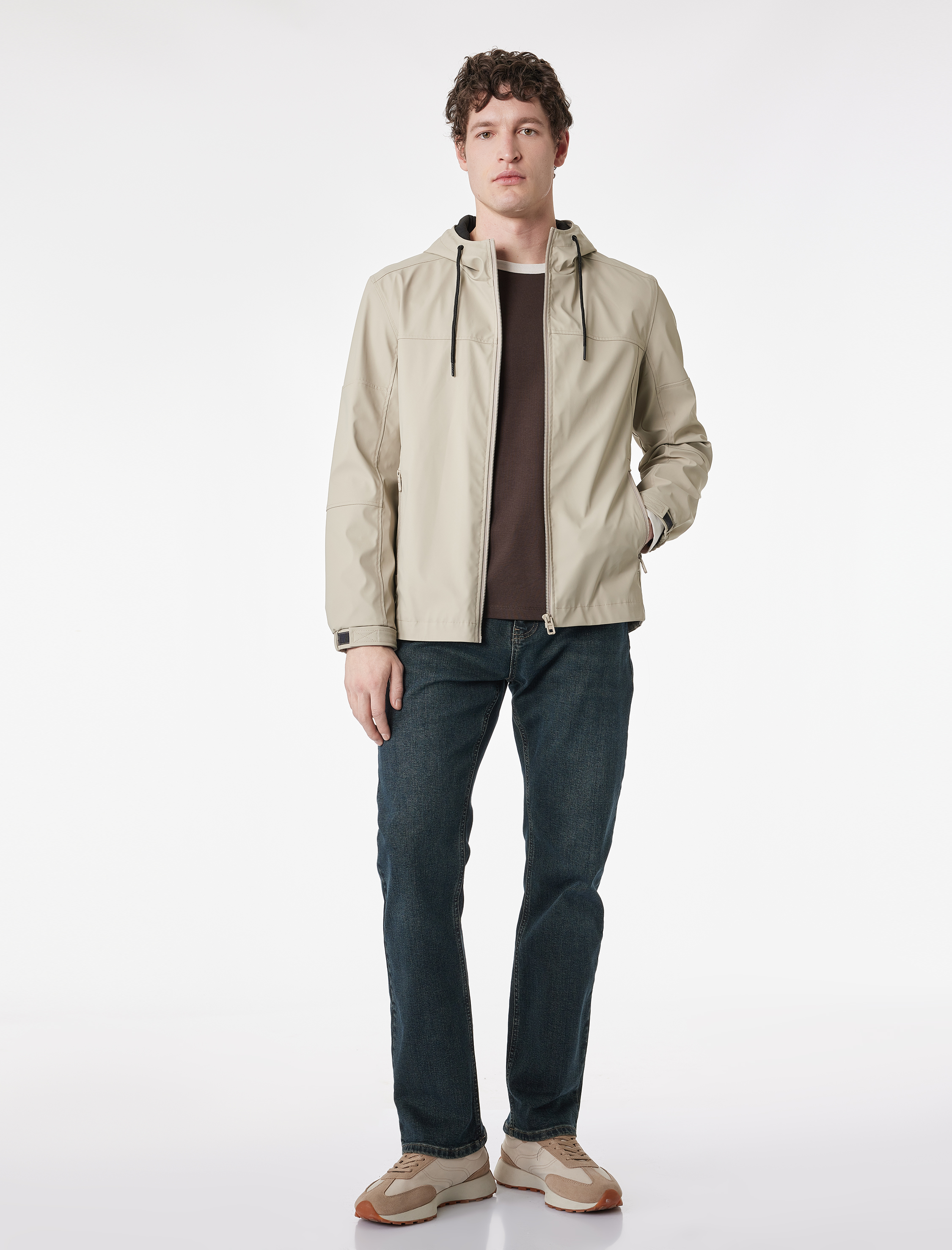   Uzun Kollu Fermuarlı Slim Fit Kapşonlu Yağmurluk