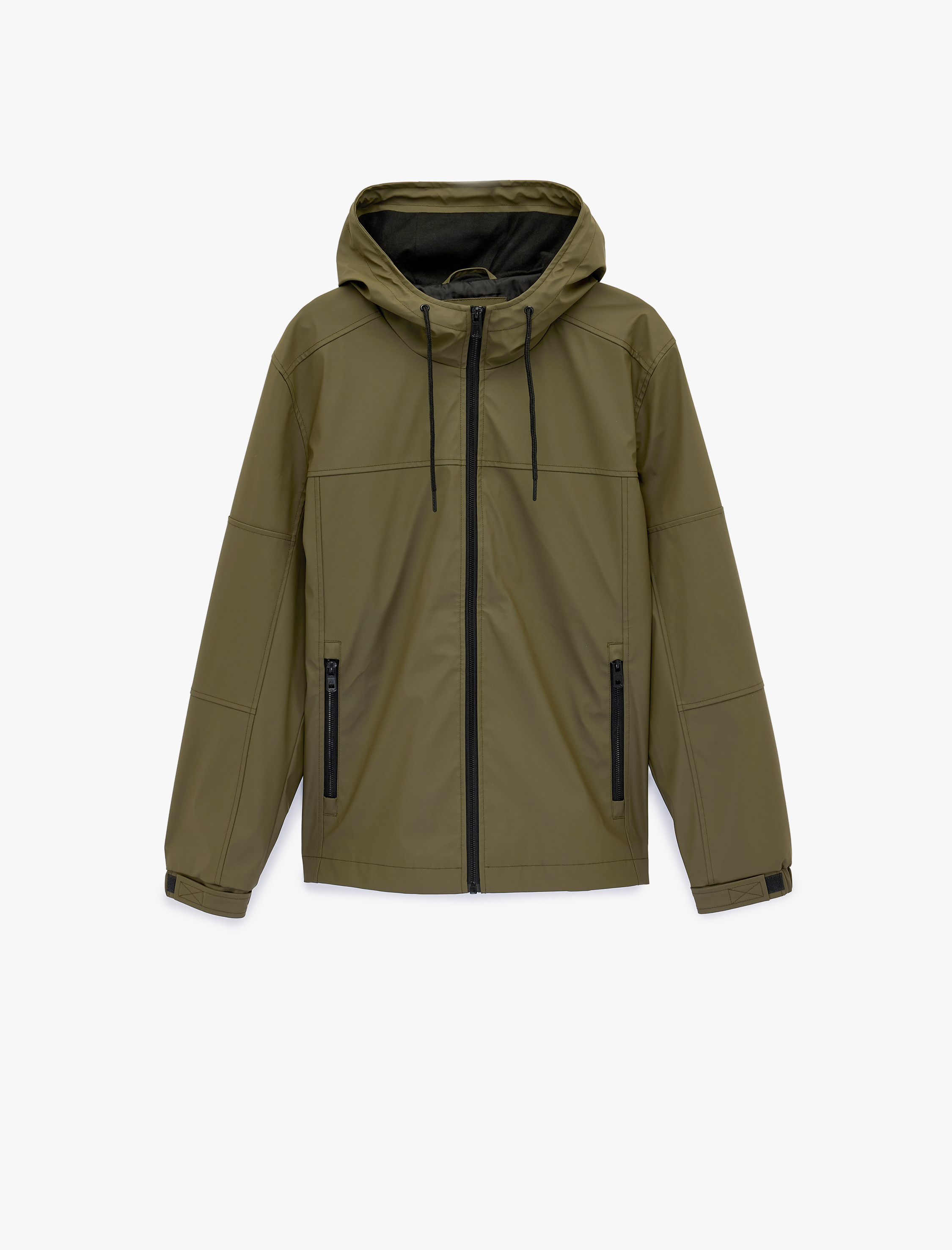   Uzun Kollu Fermuarlı Slim Fit Kapşonlu Yağmurluk
