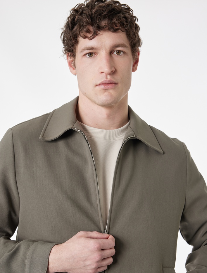  Viskon Karışımlı Cepli Uzun Kollu Gömlek Yaka Fermuarlı Kaşe Ceket