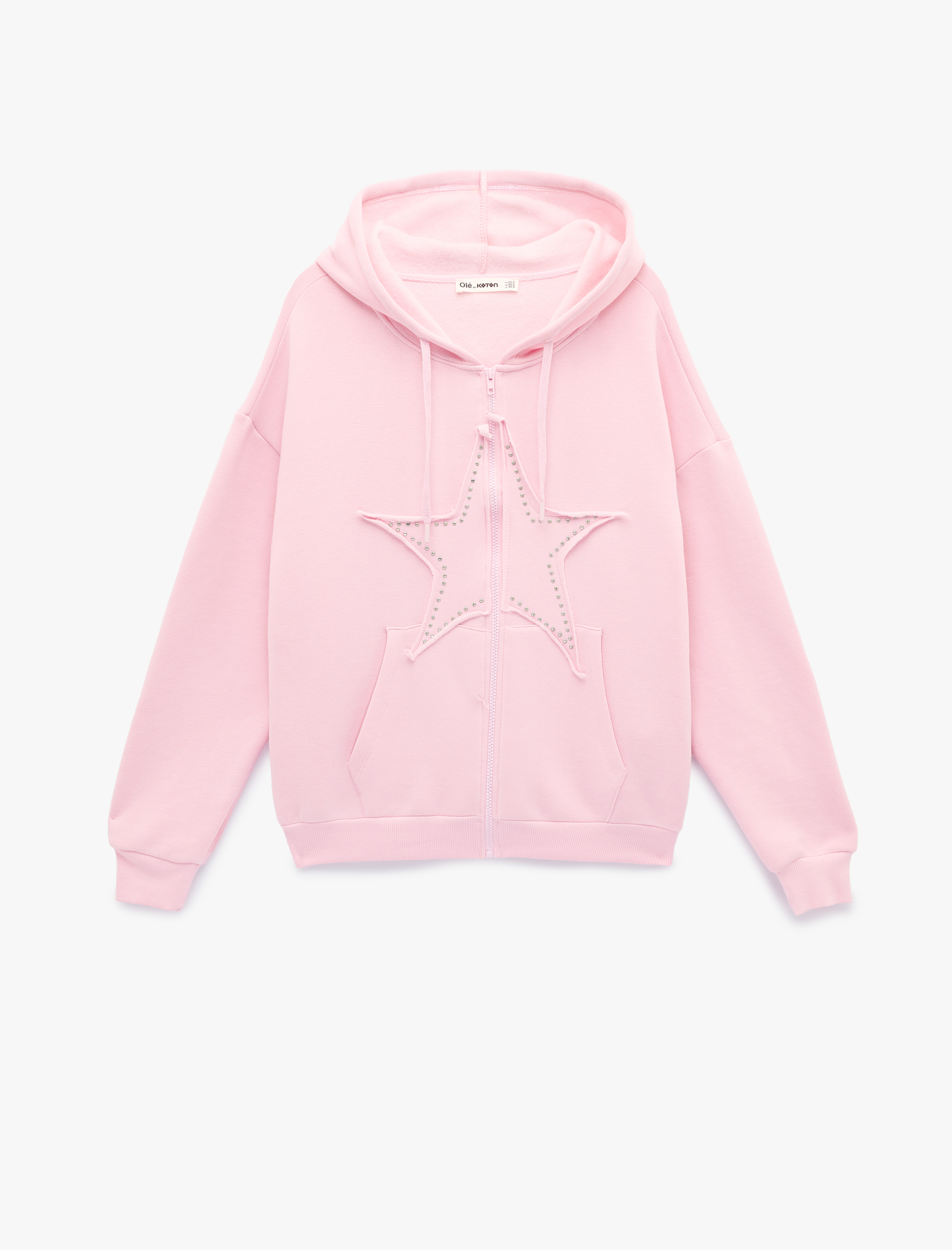   Kapüşonlu Fermuarlı Yıldız İşleme Detaylı Oversize Taşlı Sweatshirt