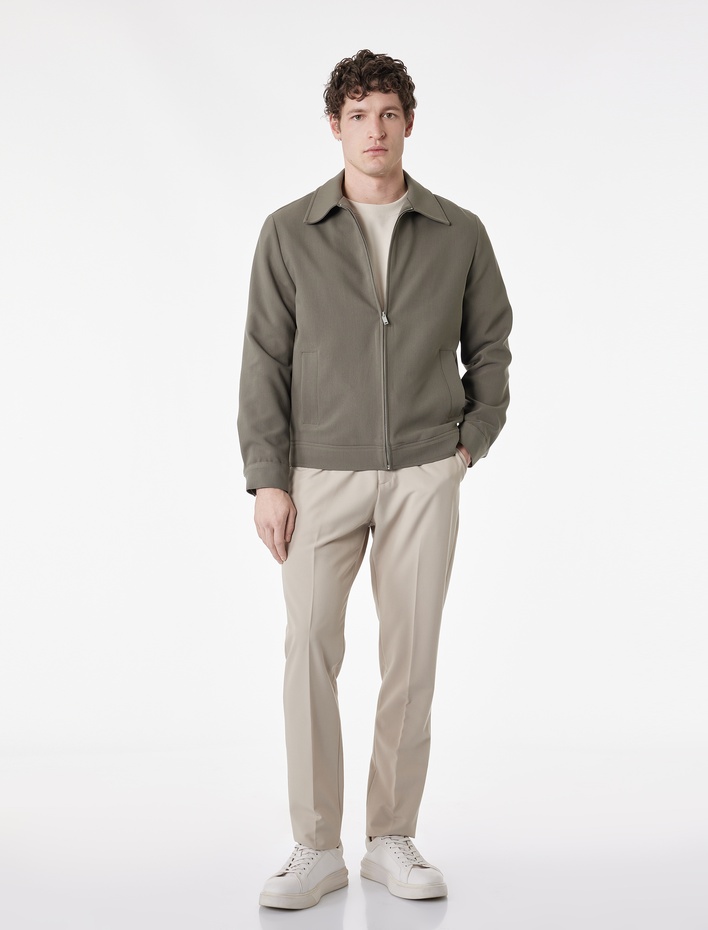  Viskon Karışımlı Cepli Uzun Kollu Gömlek Yaka Fermuarlı Kaşe Ceket