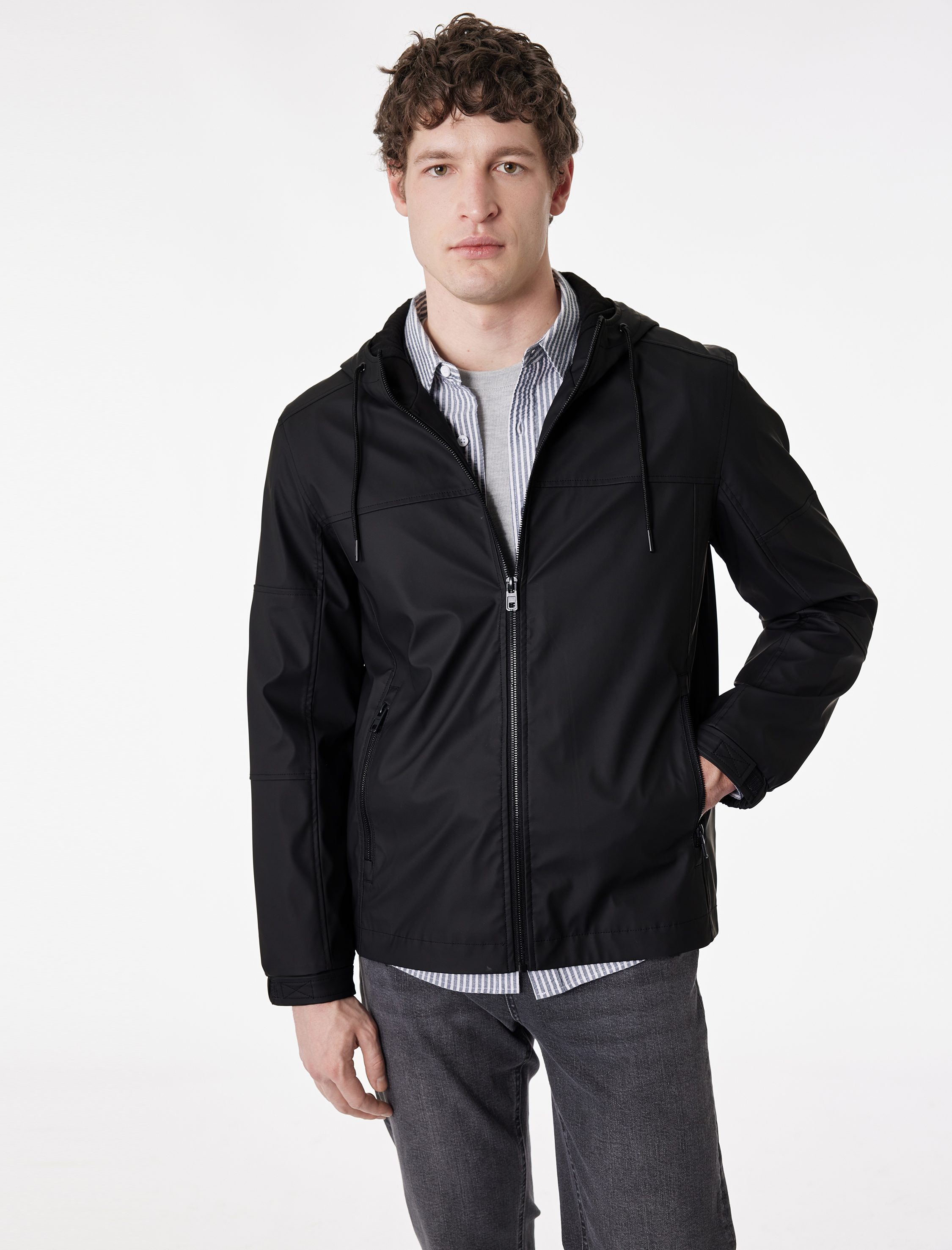   Uzun Kollu Fermuarlı Slim Fit Kapşonlu Yağmurluk