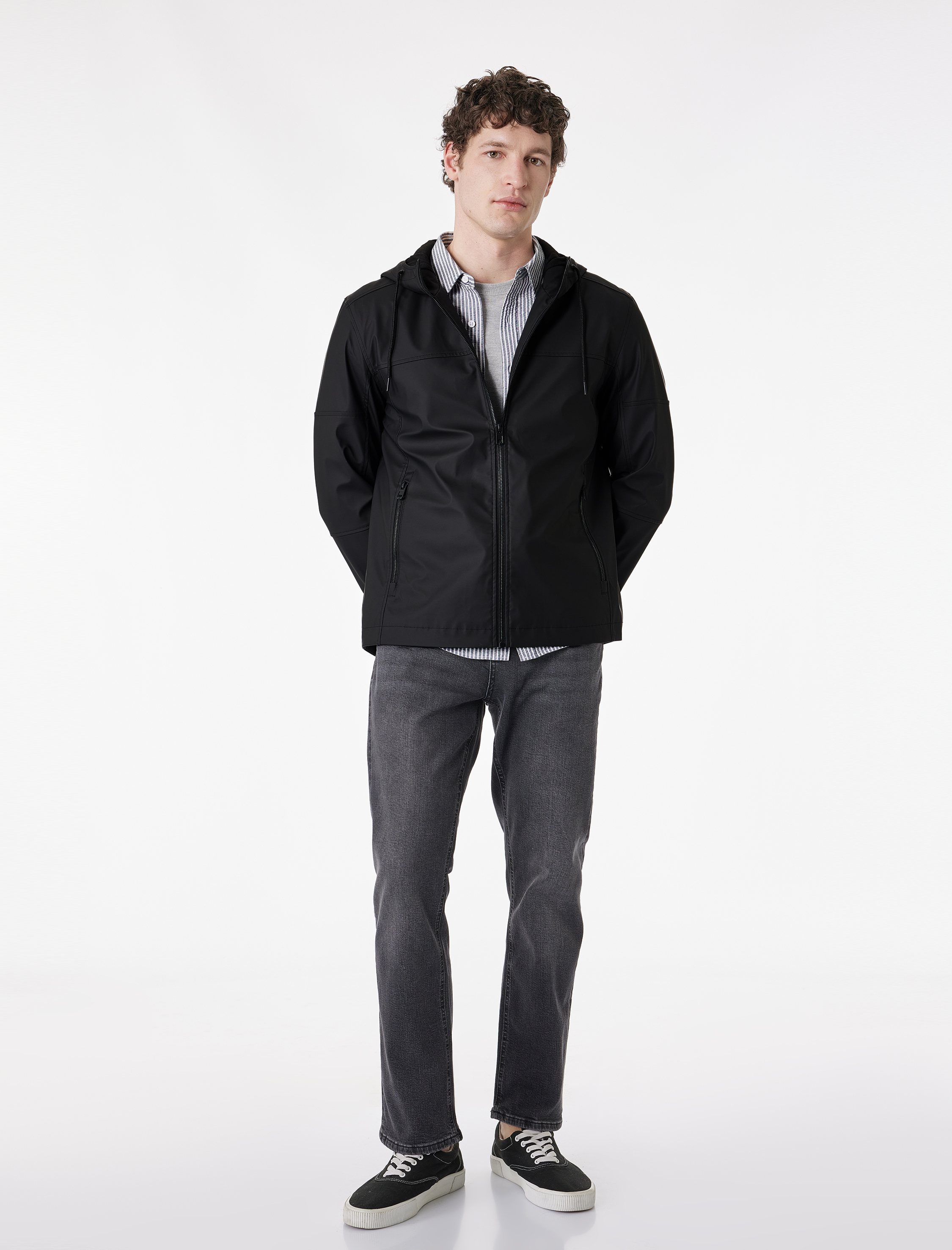   Uzun Kollu Fermuarlı Slim Fit Kapşonlu Yağmurluk