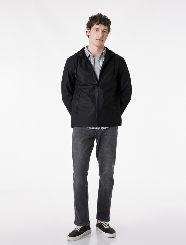  Uzun Kollu Fermuarlı Slim Fit Kapşonlu Yağmurluk