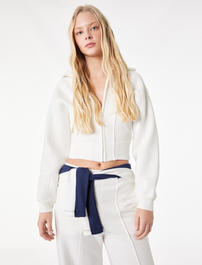  Şardonlu Uzun Kollu Klasik Yaka Fermuarlı Sweatshirt