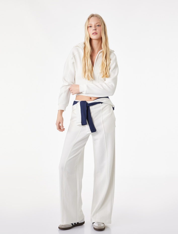  Şardonlu Uzun Kollu Klasik Yaka Fermuarlı Sweatshirt