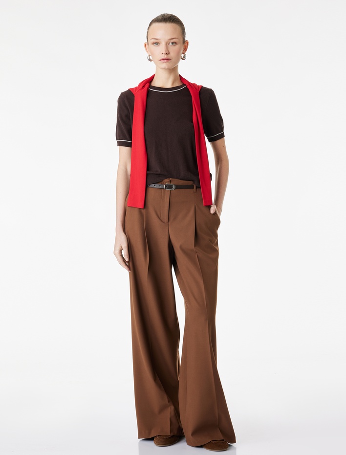  Pile Detaylı Cepli Geniş Paça Kemerli Palazzo Pantolon