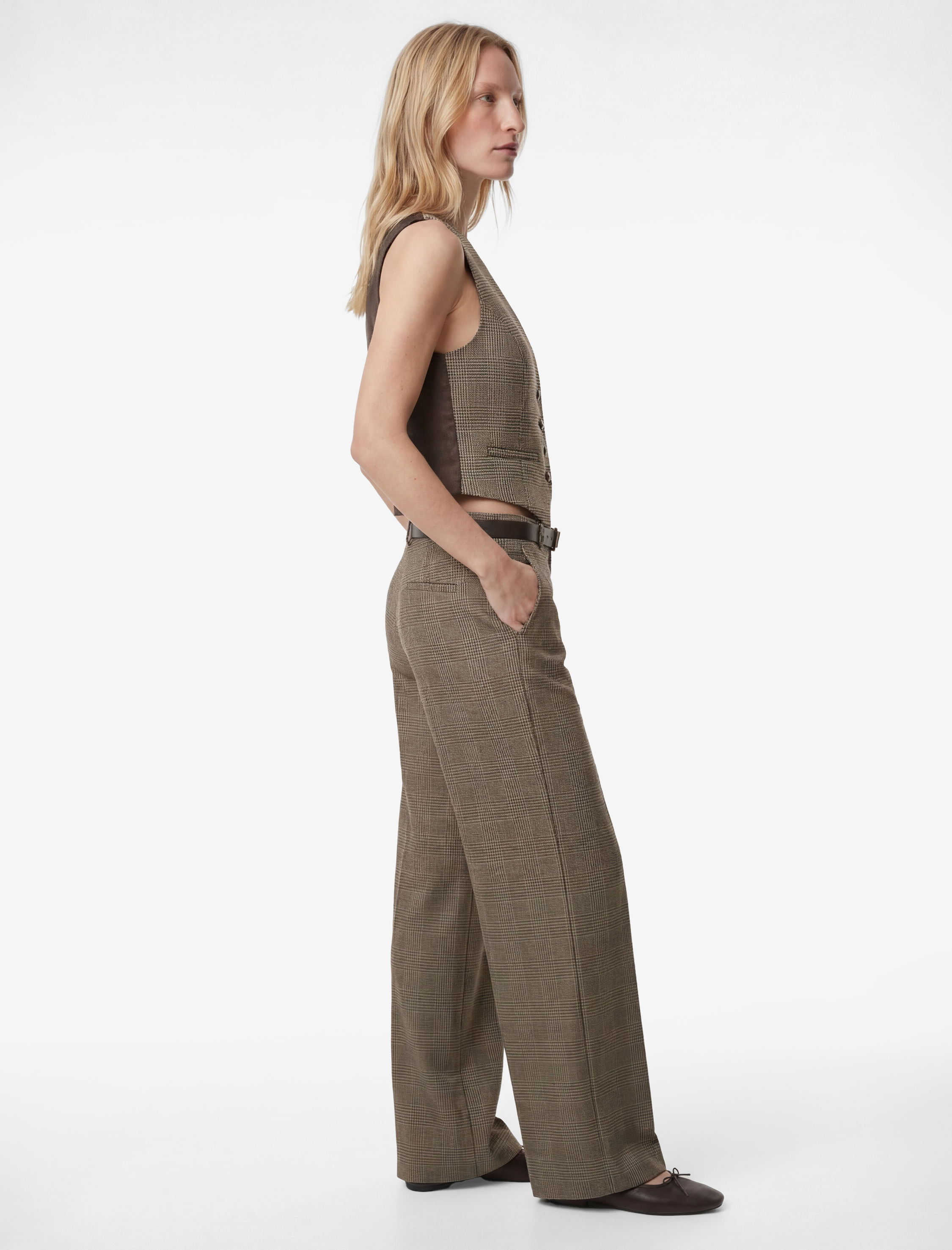   Kemerli Geniş Paça Cepli Kumaş Ekose Pantolon