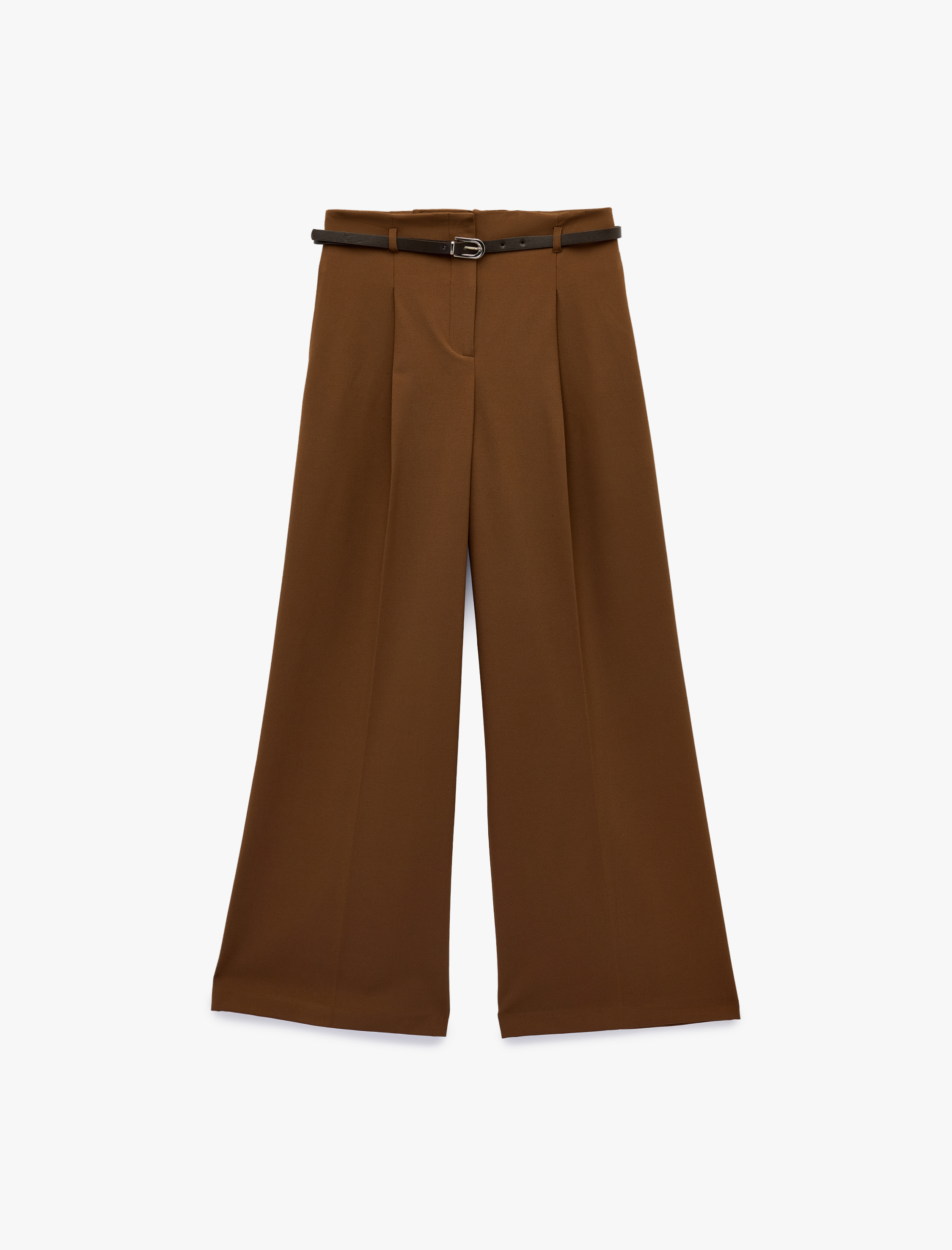   Pile Detaylı Cepli Geniş Paça Kemerli Palazzo Pantolon