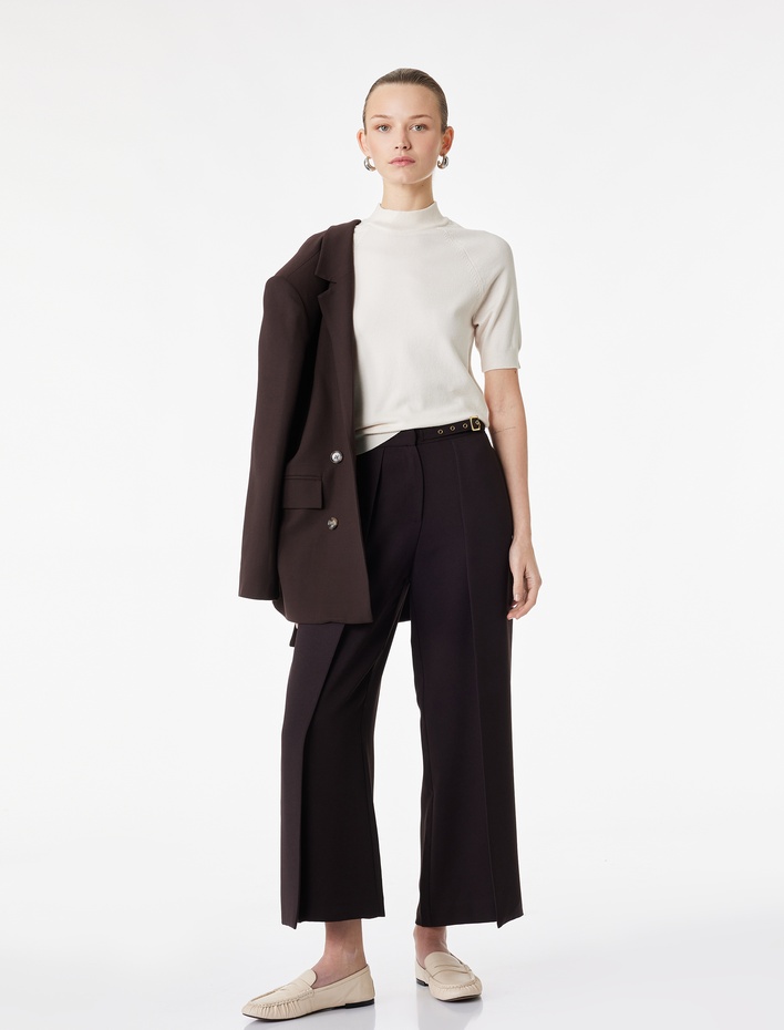  Krep Kumaş Kemerli Uzun Geniş Düz Paça Kapaklı Kumaş Pantolon