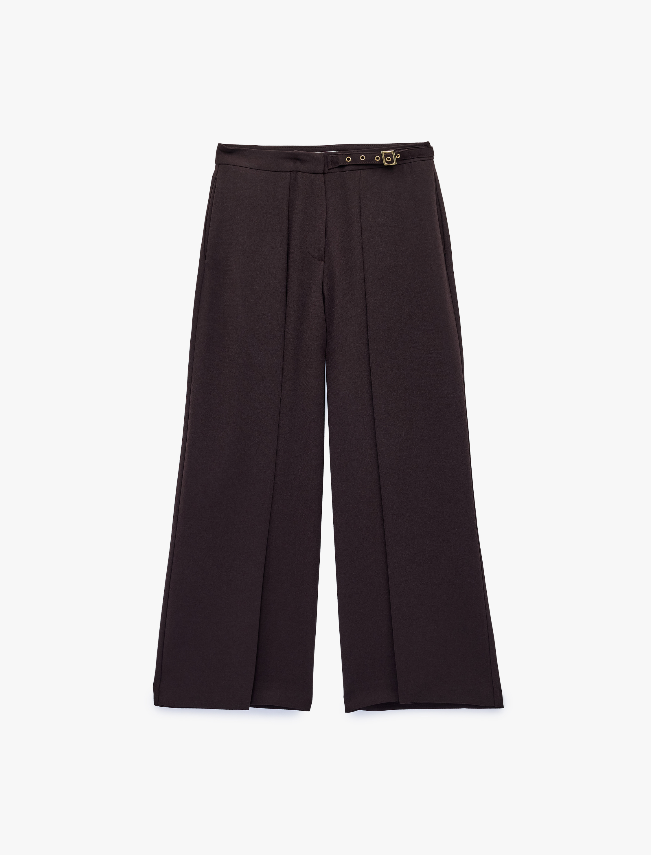   Krep Kumaş Kemerli Uzun Geniş Düz Paça Kapaklı Kumaş Pantolon