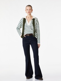 Uzun Kollu Polo Yaka Çizgili Oversize Triko Kazak