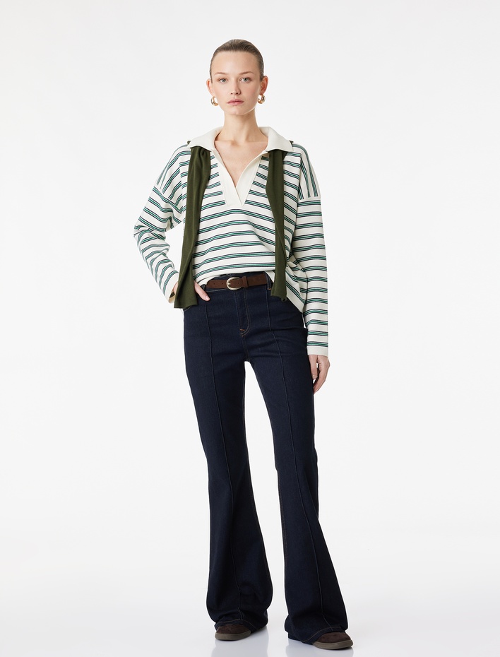  Uzun Kollu Polo Yaka Çizgili Oversize Triko Kazak