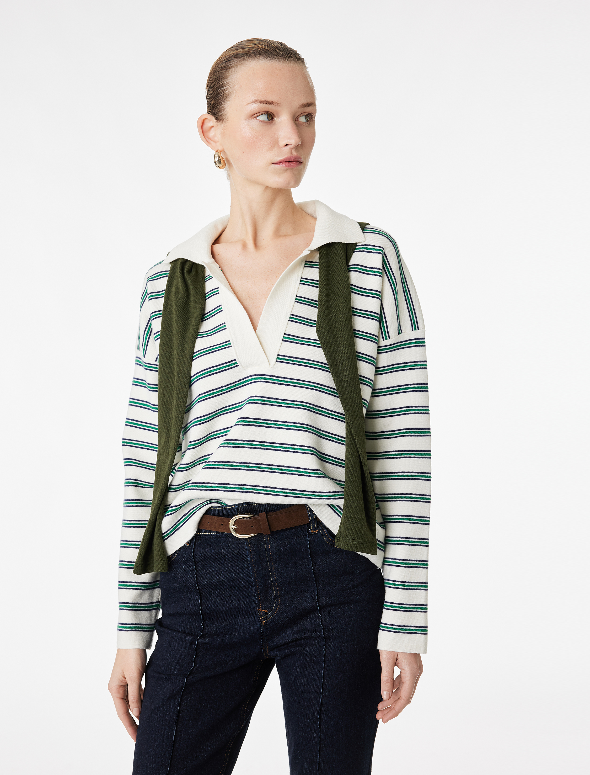   Uzun Kollu Polo Yaka Çizgili Oversize Triko Kazak