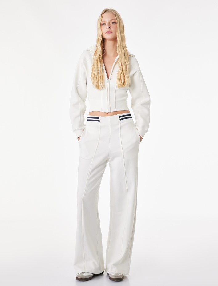  Pamuklu Biyeli Triko Patlı Uzun Geniş Paça Eşofman Altı