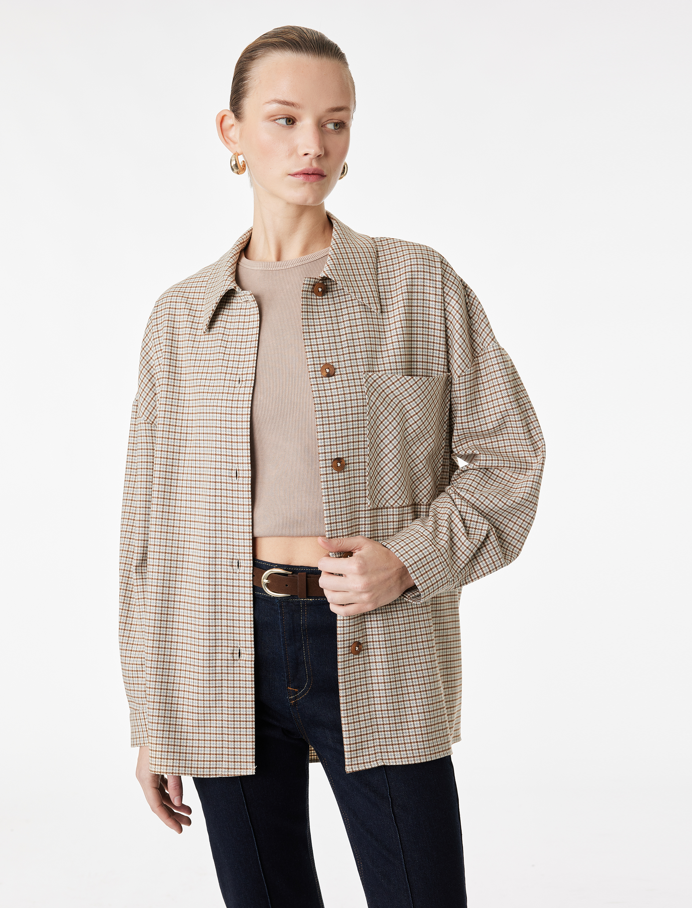   Uzun Kollu Cep Detaylı Oversize Ekose Gömlek Ceket