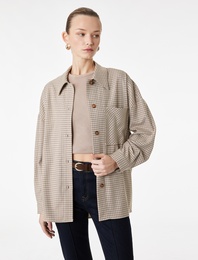 Uzun Kollu Cep Detaylı Oversize Ekose Gömlek Ceket