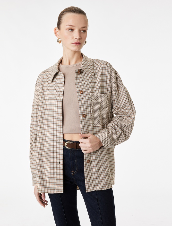  Uzun Kollu Cep Detaylı Oversize Ekose Gömlek Ceket