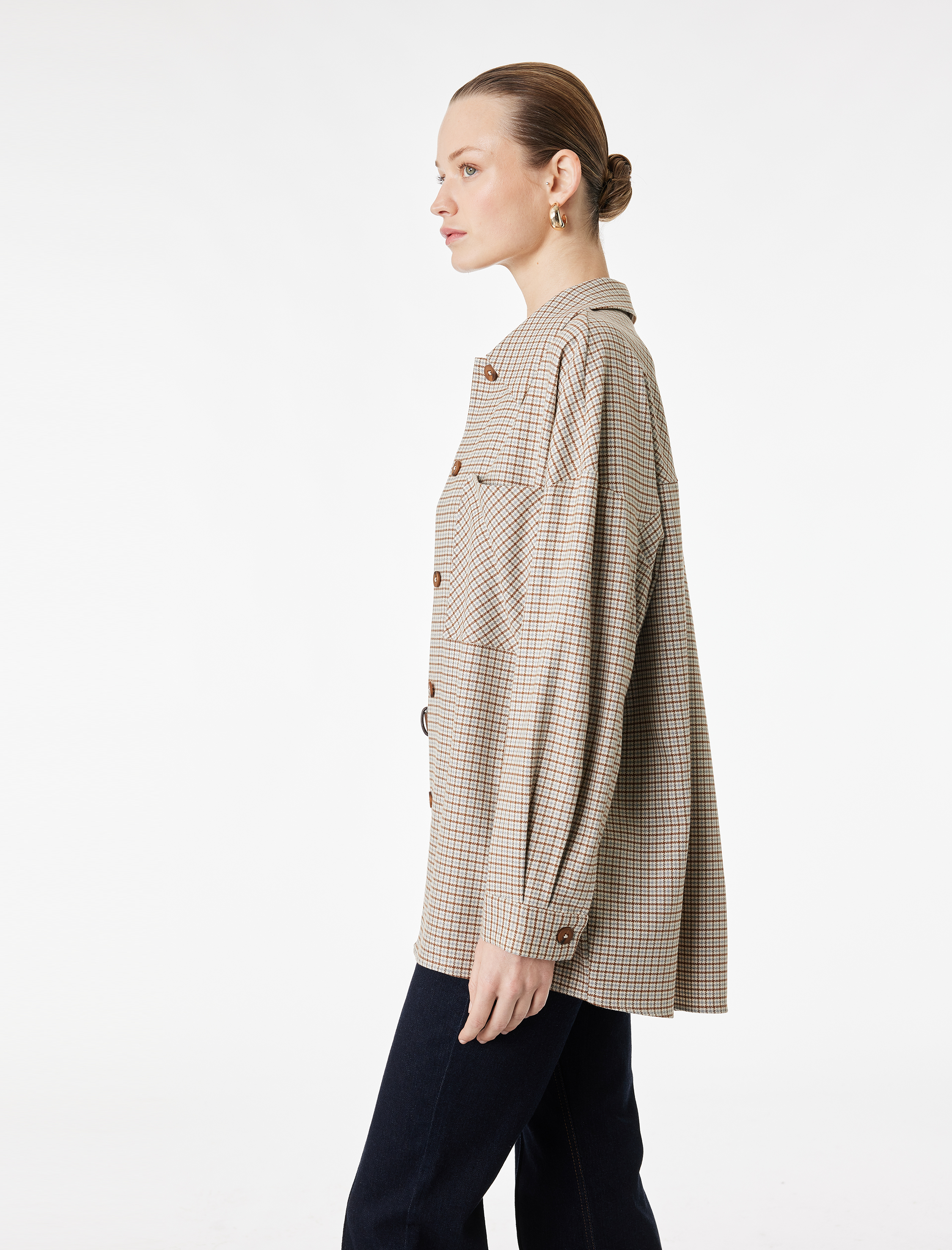   Uzun Kollu Cep Detaylı Oversize Ekose Gömlek Ceket