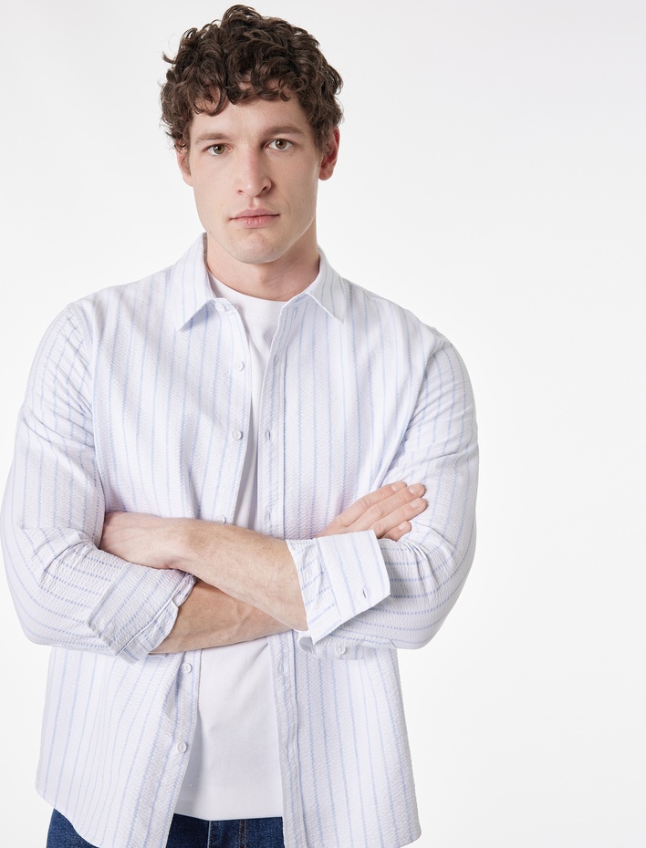  Regular Fit Düğmeli Gömlek Yaka Pamuklu Uzun Kollu Gömlek