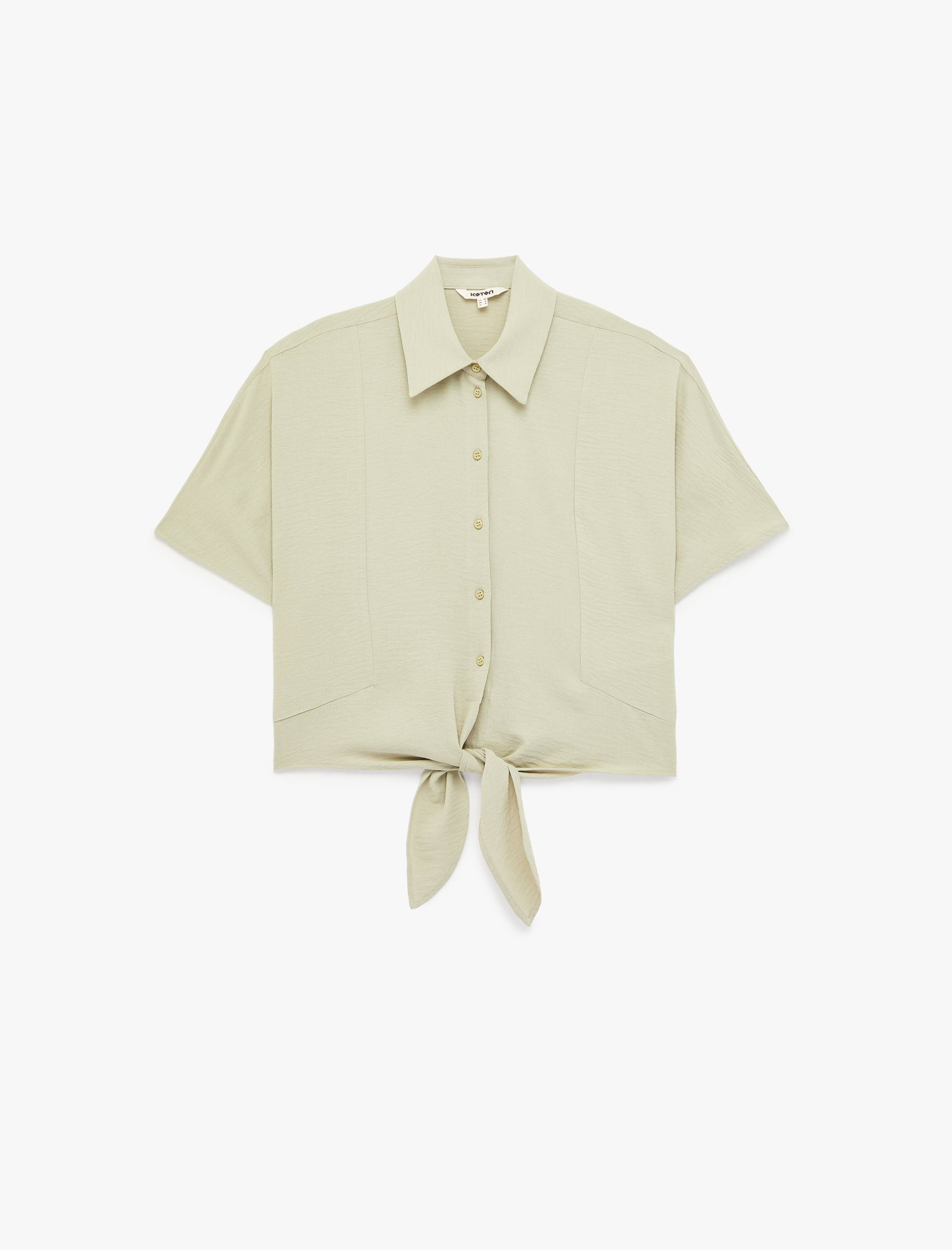   Kısa Kollu Klasik Yaka Bağlama Detaylı Crop Gömlek