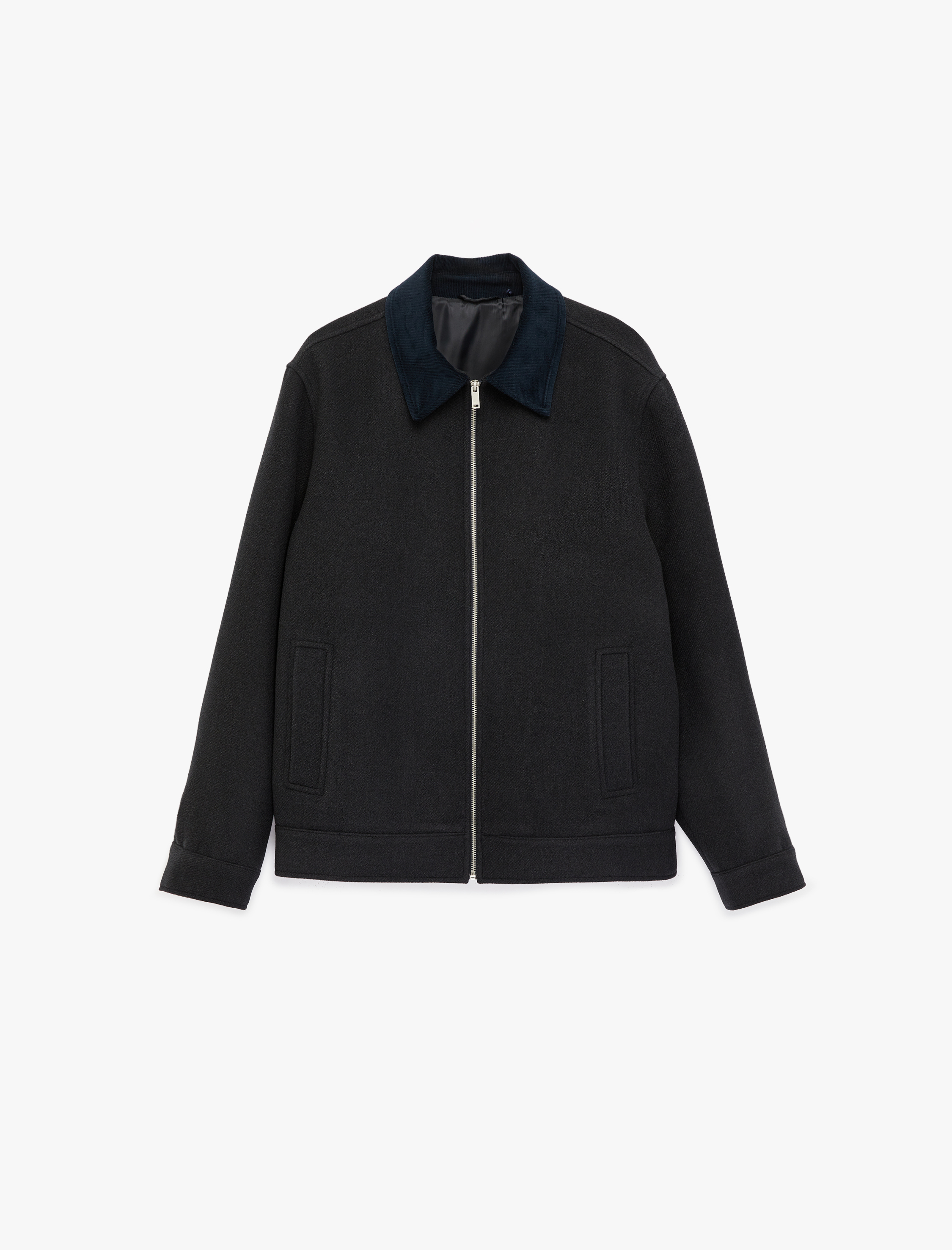   Regular Fit Uzun Kollu Cepli Gömlek Yaka Fermuarlı Kaşe Ceket