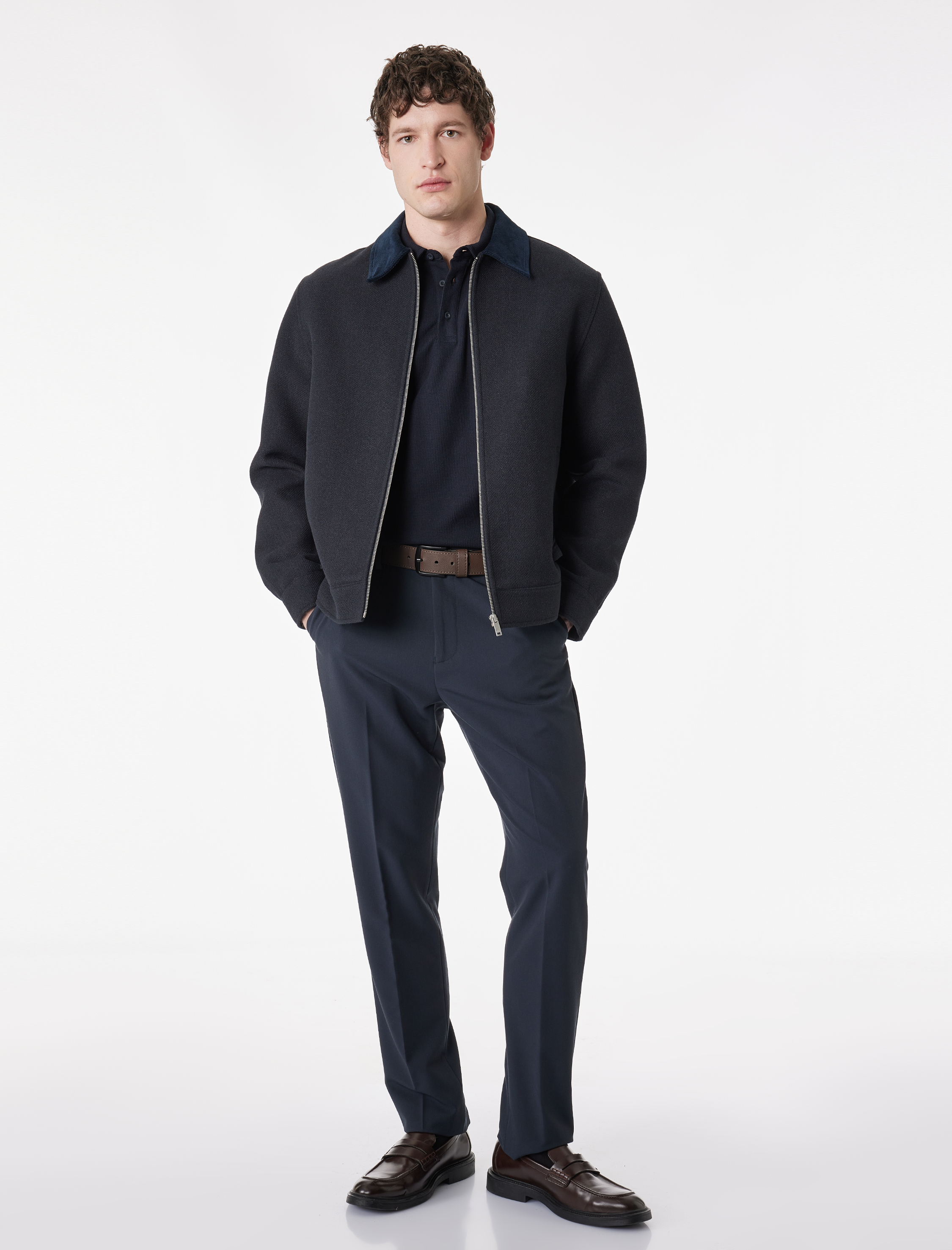   Regular Fit Uzun Kollu Cepli Gömlek Yaka Fermuarlı Kaşe Ceket