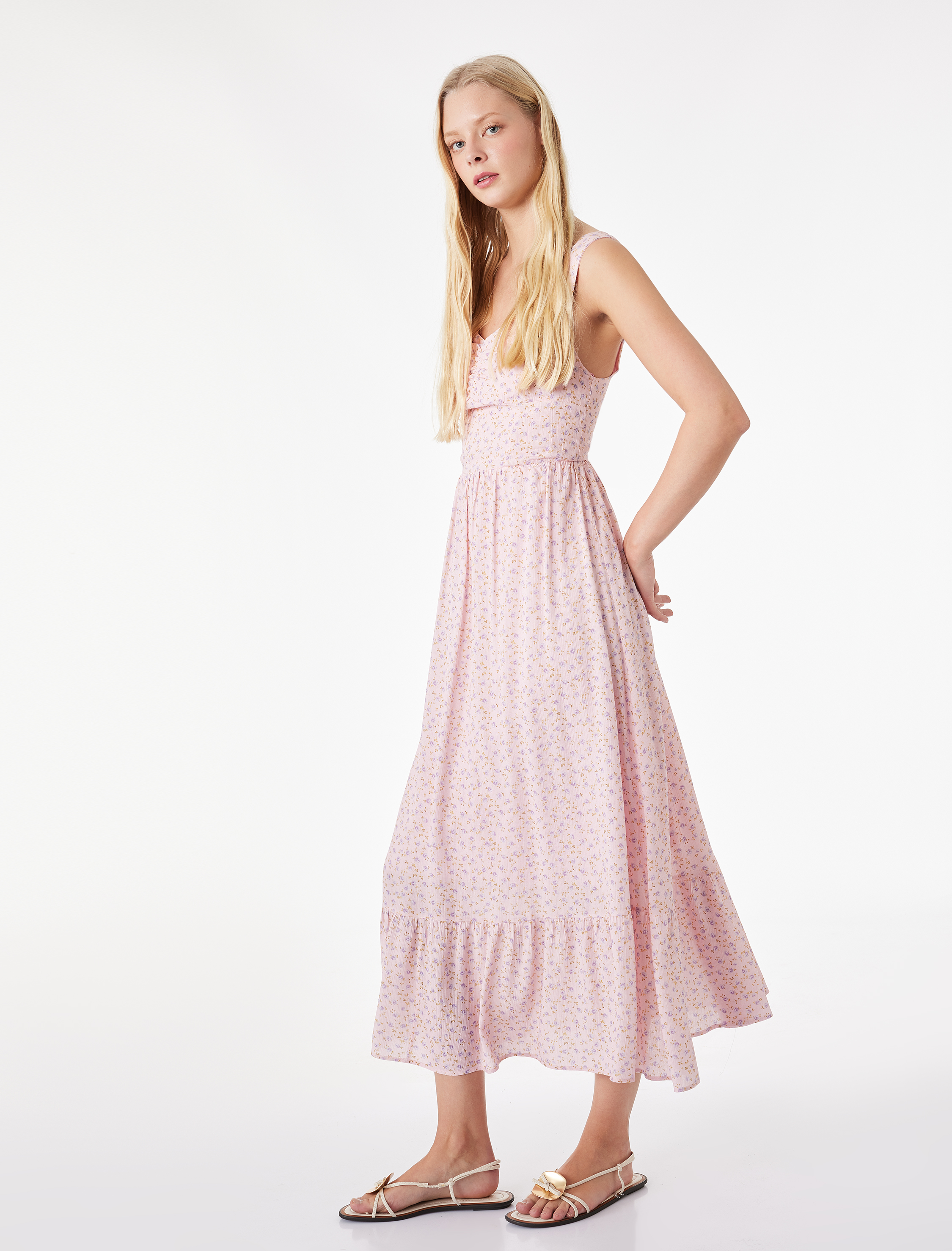   Kalp Yaka Kolsuz Viskon Gipeli Çiçekli Uzun Elbise