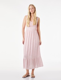 Kalp Yaka Kolsuz Viskon Gipeli Çiçekli Uzun Elbise