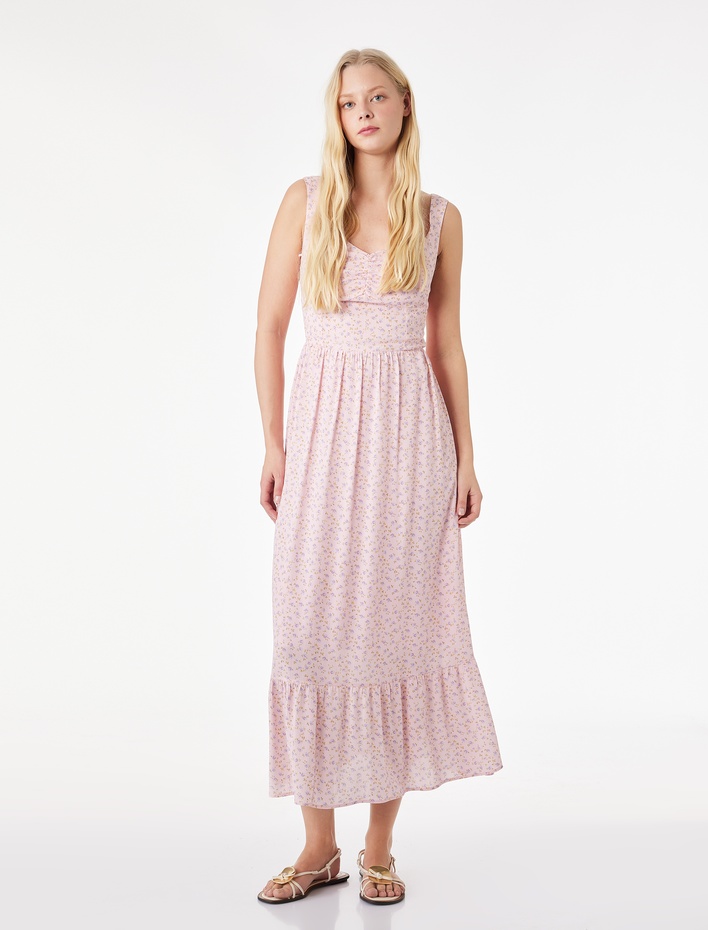  Kalp Yaka Kolsuz Viskon Gipeli Çiçekli Uzun Elbise