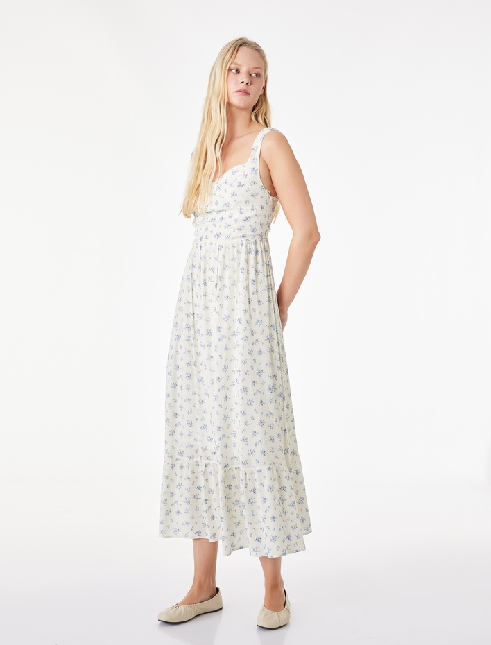  Kolsuz Gipeli Volanlı Kalp Yaka Viskon Çiçekli Uzun Elbise