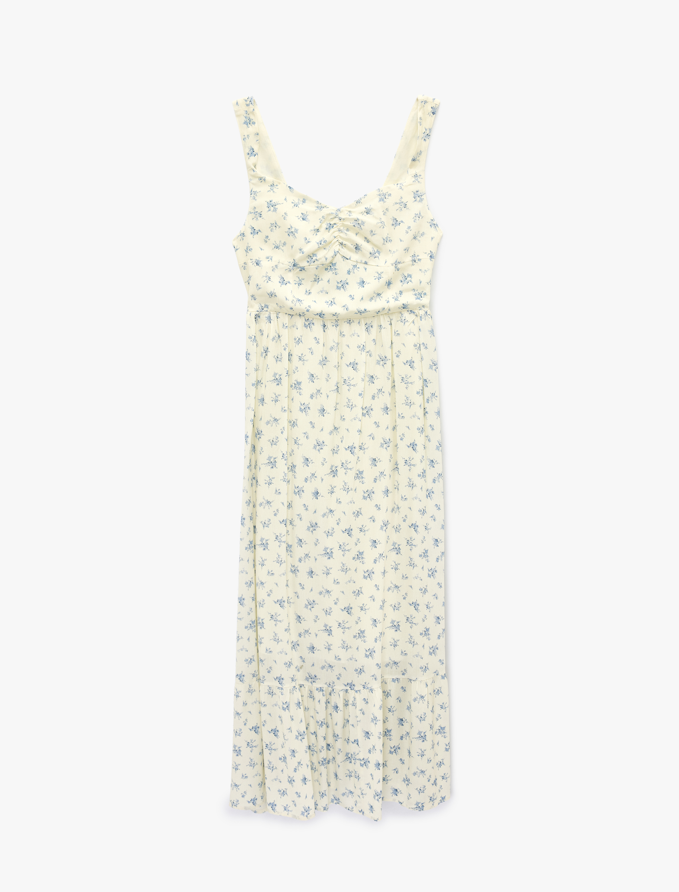   Kolsuz Gipeli Volanlı Kalp Yaka Viskon Çiçekli Uzun Elbise