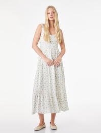 Kolsuz Gipeli Volanlı Kalp Yaka Viskon Çiçekli Uzun Elbise