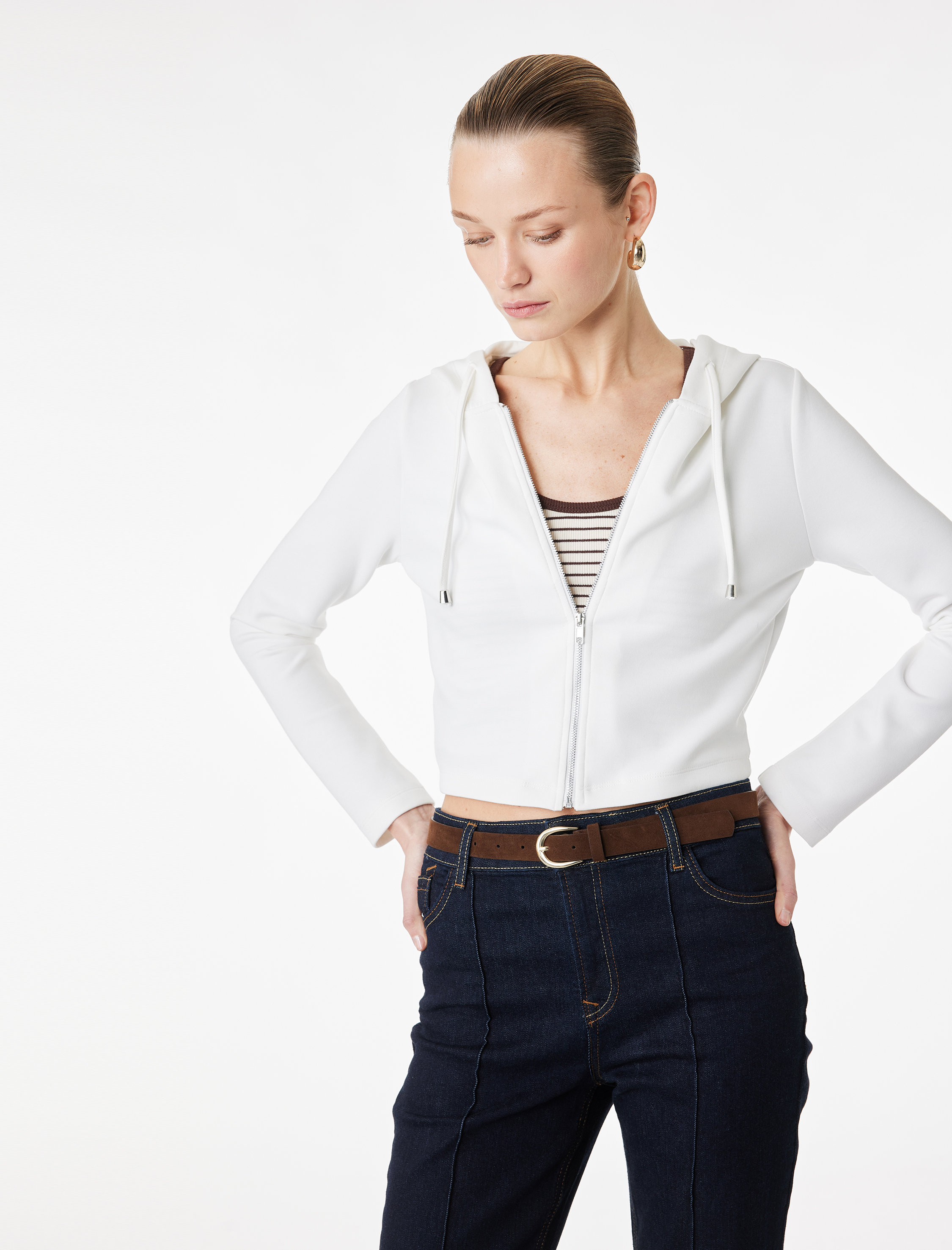   Uzun Kollu Fermuarlı Kapüşonlu Hırka