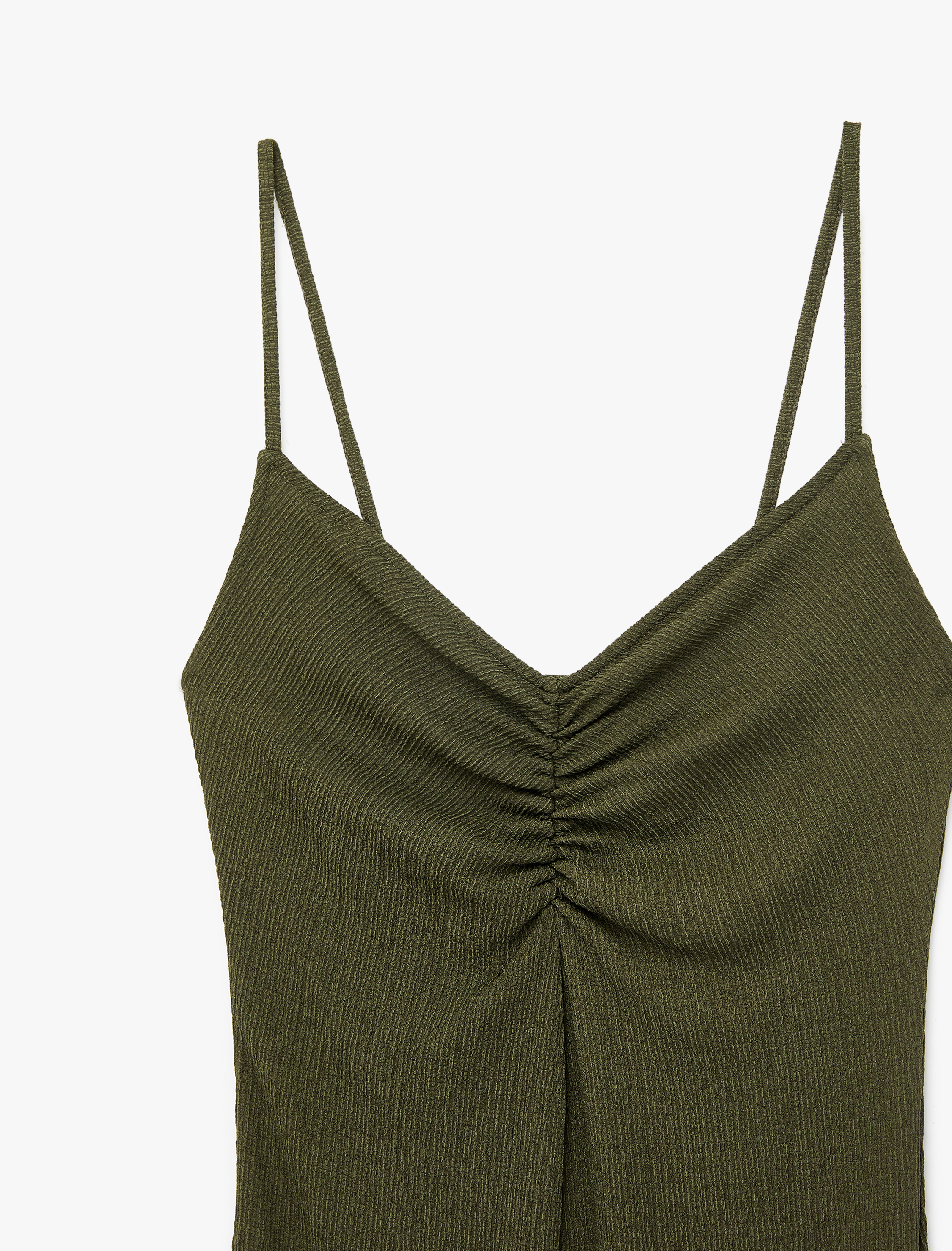   Bürümcük Kumaş Rahat Kalıp Büzgü Detaylı İp Askılı Midi Boy Elbise