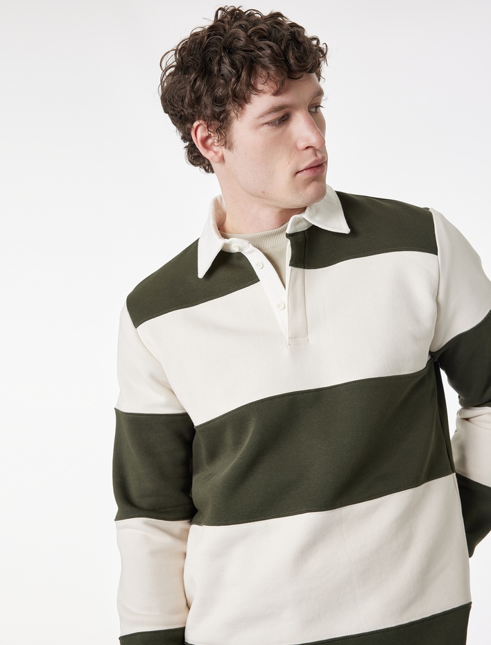  Uzun Kollu Renk Bloklu Polo Yaka Sweatshirt