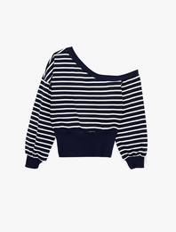 Rahat Kalıp Uzun Kollu Kayık Yaka Çizgili Sweatshirt