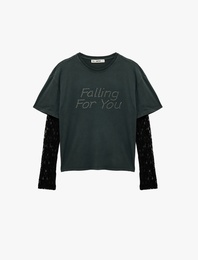 Pamuklu Dantel Detaylı Uzun Kollu Bisiklet Yaka Zımba Detaylı Tişört