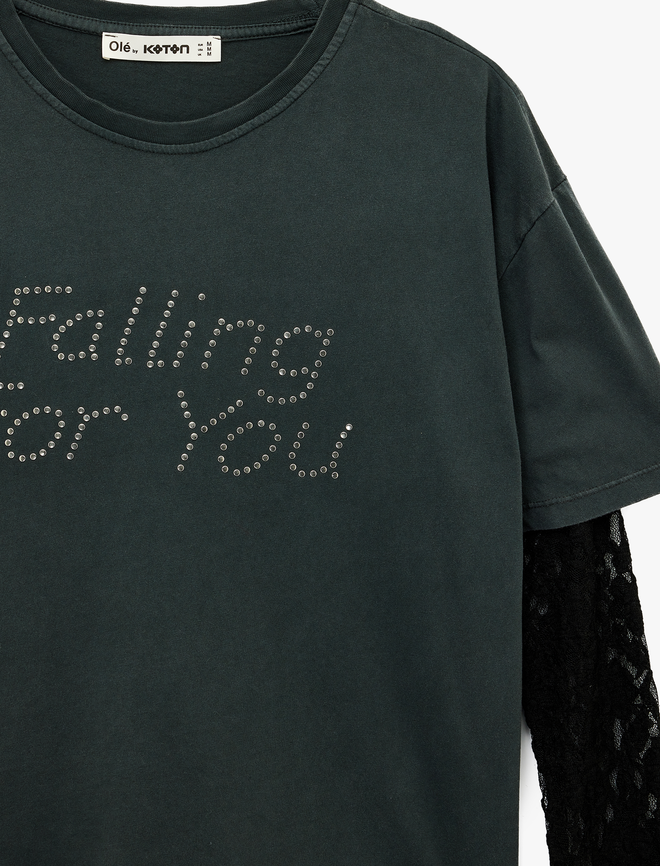   Pamuklu Dantel Detaylı Uzun Kollu Bisiklet Yaka Zımba Detaylı Tişört