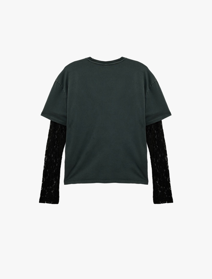  Pamuklu Dantel Detaylı Uzun Kollu Bisiklet Yaka Zımba Detaylı Tişört