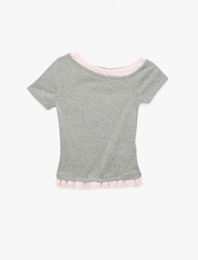 Asimetrik Kayık Yaka Kısa Kollu Fırfırlı Tişört