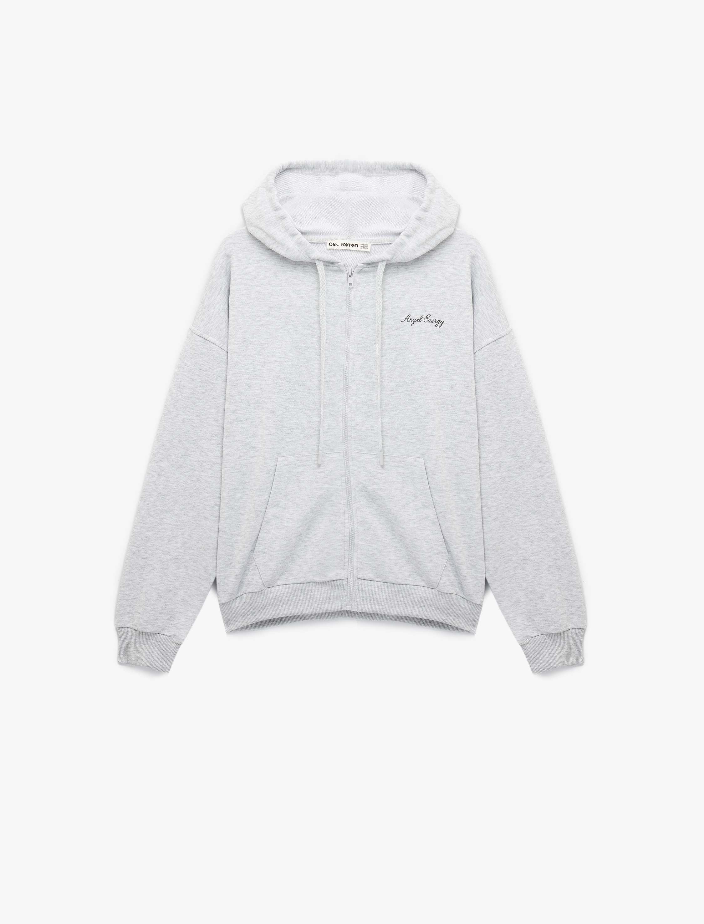   Üç İplik Uzun Kollu Fermuarlı Arkası Melek Kanadı Baskılı Kapüşonlu Sweatshirt