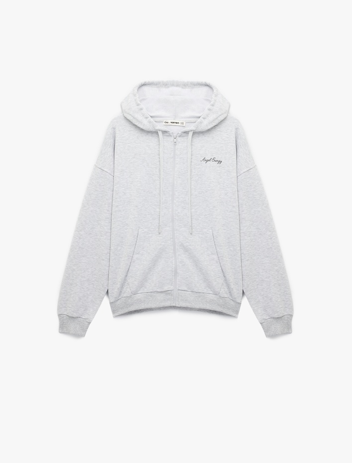  Üç İplik Uzun Kollu Fermuarlı Arkası Melek Kanadı Baskılı Kapüşonlu Sweatshirt