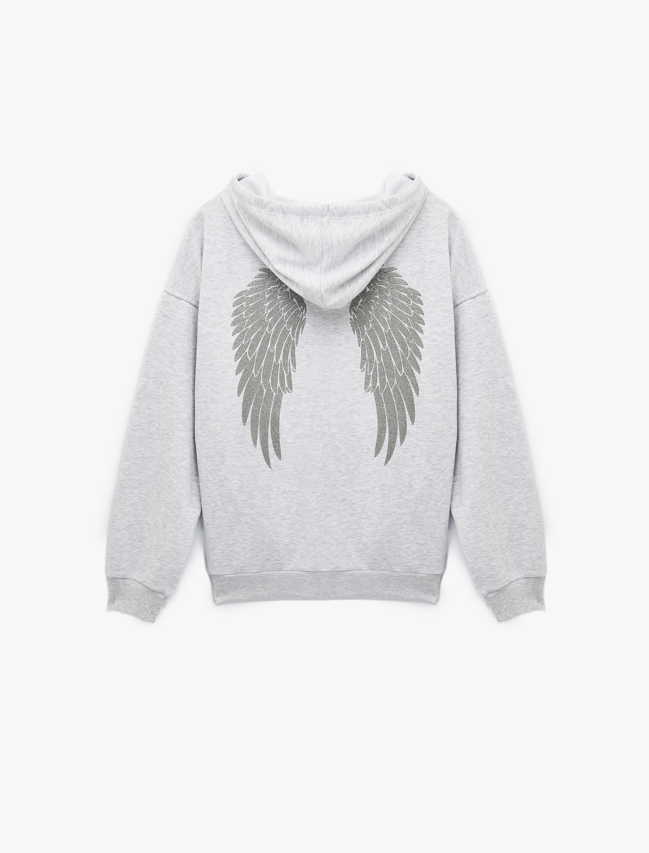   Üç İplik Uzun Kollu Fermuarlı Arkası Melek Kanadı Baskılı Kapüşonlu Sweatshirt